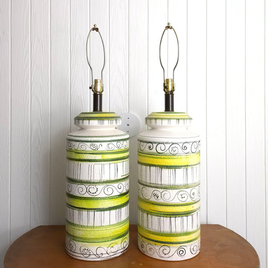 Vintage 60s Massive Italian Pottery Striped Table Lamp Pair