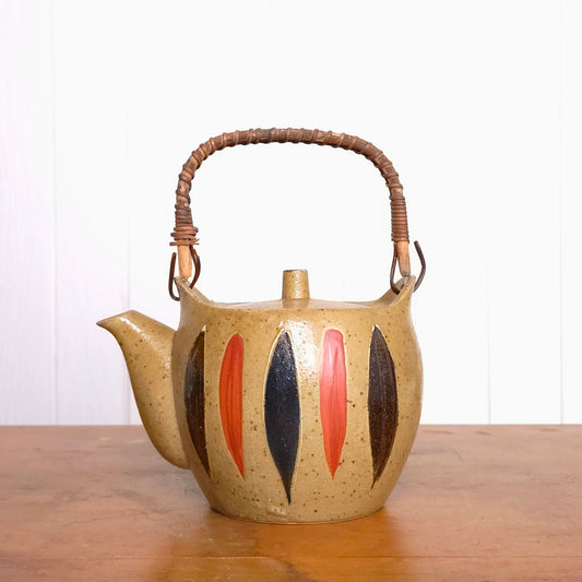 Vintage Japanese reed handle earthenware teapot