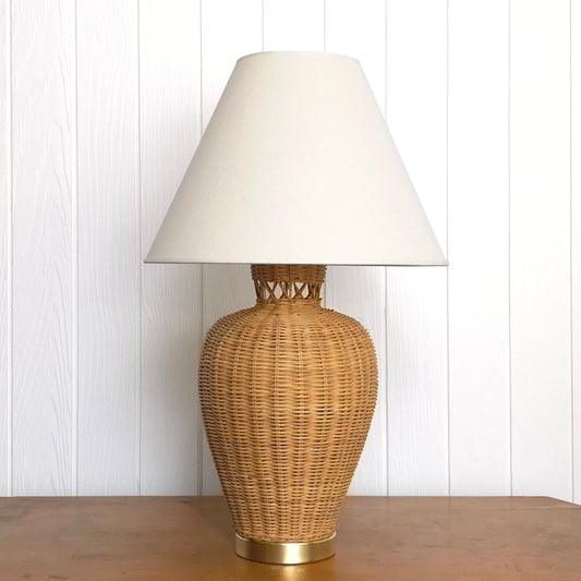 Vintage Lattice Neck Wicker Basket and Brass Table Lamp with shade