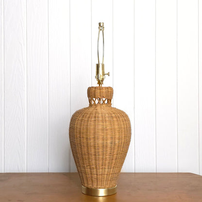 Vintage Lattice Neck Wicker Basket and Brass Table Lamp