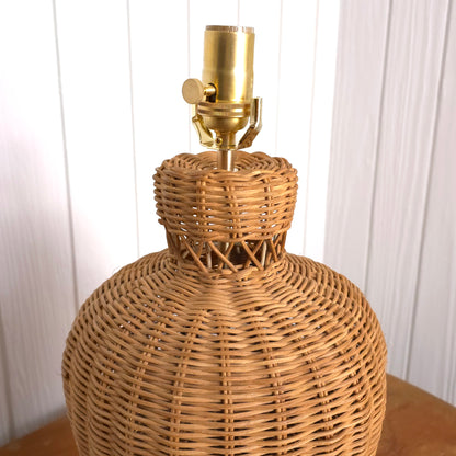 Detail of Vintage Lattice Neck Wicker Basket and Brass Table Lamp