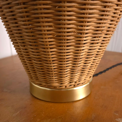 Base detail of Vintage Lattice Neck Wicker Basket and Brass Table Lamp