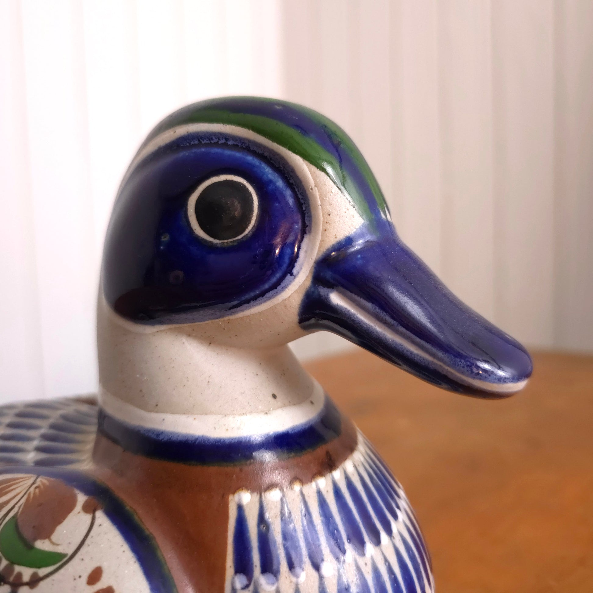 Head detail of Mexican Tonala Folk Art Hand Painted Pottery Duck