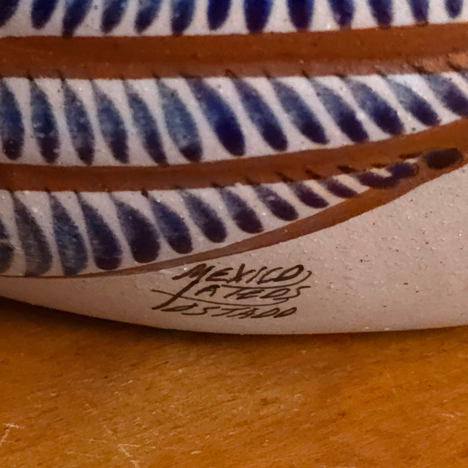 Signature detail of Mexican Tonala Folk Art Hand Painted Pottery Duck