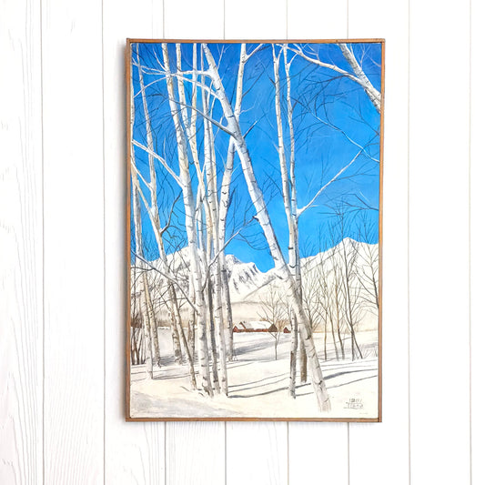 Vntage vibrant blue birch tree landscape painting
