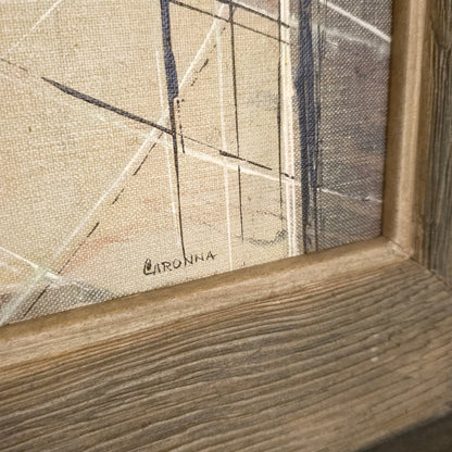 Signature detail of mid-century abstract sunset landscape painting by Caronna