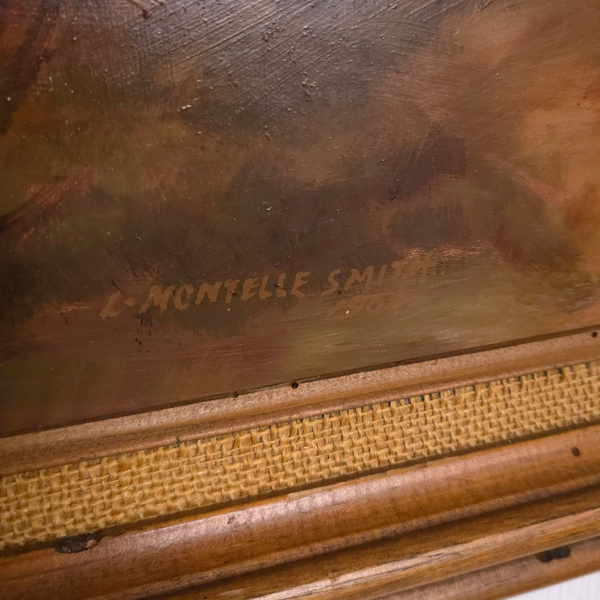 Signature detail of L Montelle Smith Forested Stream Landscape Painting