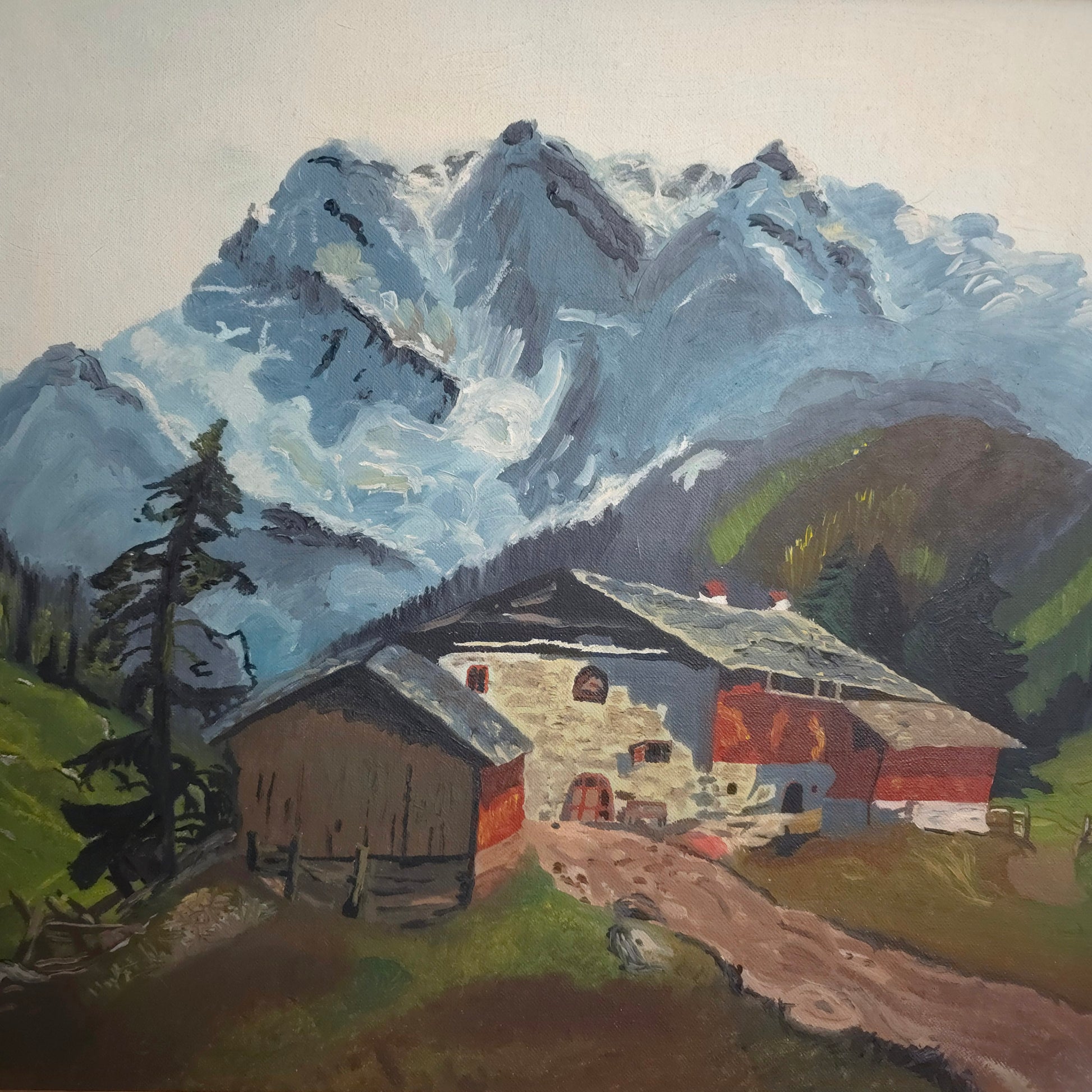 Detail of Swiss Mountain Chalet Landscape Painting