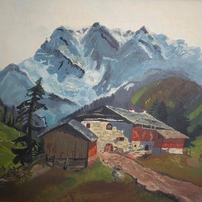 Detail of Swiss Mountain Chalet Landscape Painting