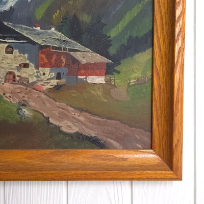 Detail of Swiss Mountain Chalet Landscape Painting