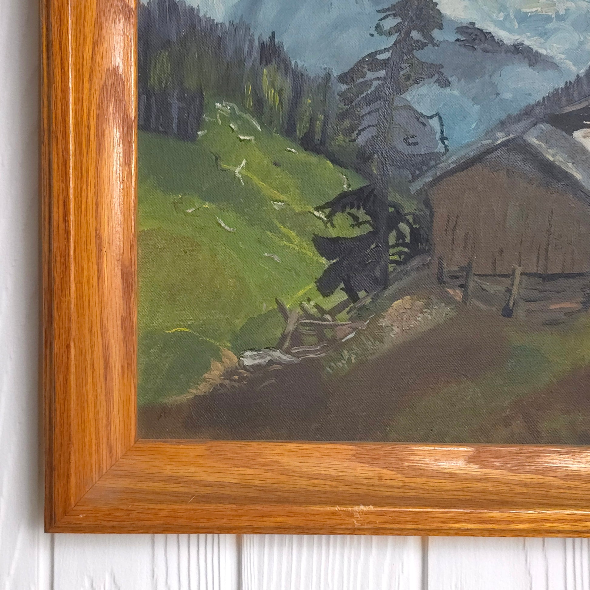 Signature and detail of Swiss Mountain Chalet Landscape Painting