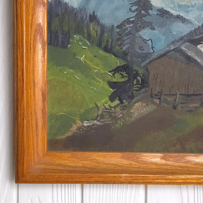 Signature and detail of Swiss Mountain Chalet Landscape Painting