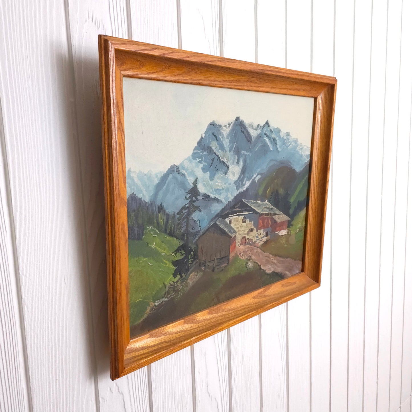 Side view of Swiss Mountain Chalet Landscape Painting