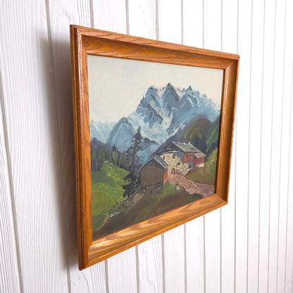 Side view of Swiss Mountain Chalet Landscape Painting