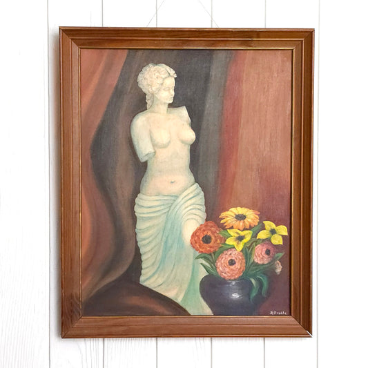 Vintage Venus de Milo floral still life painting