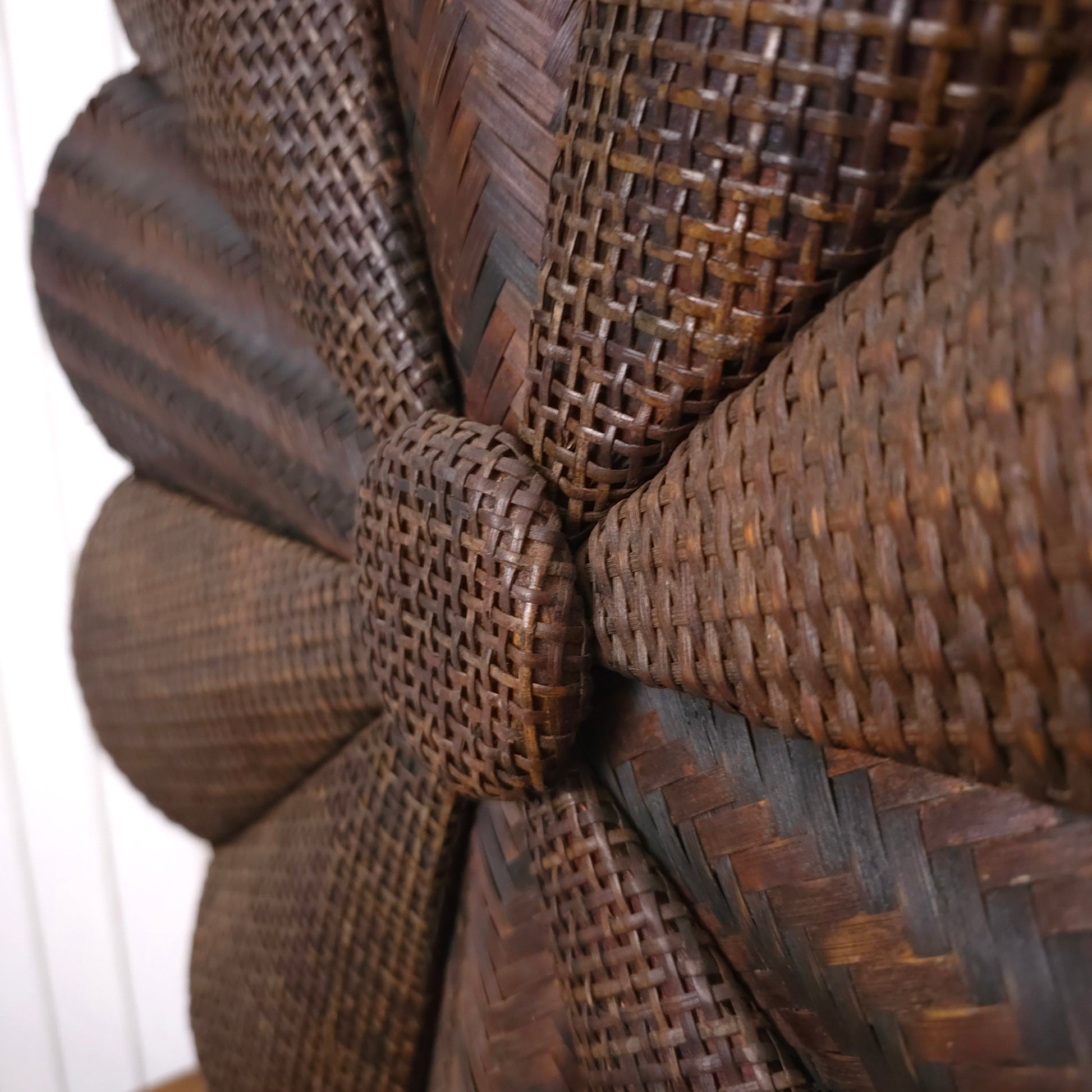 Detail of Vintage Giant Rattan Woven Pinwheel Flower Sculpture