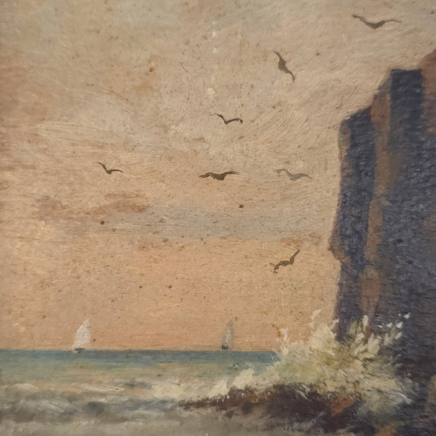 Detail of vintage seaside cliff painting by J.E. Field