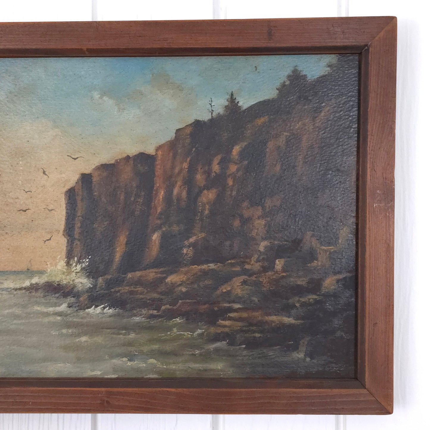 Detail of vintage seaside cliff painting by J.E. Field