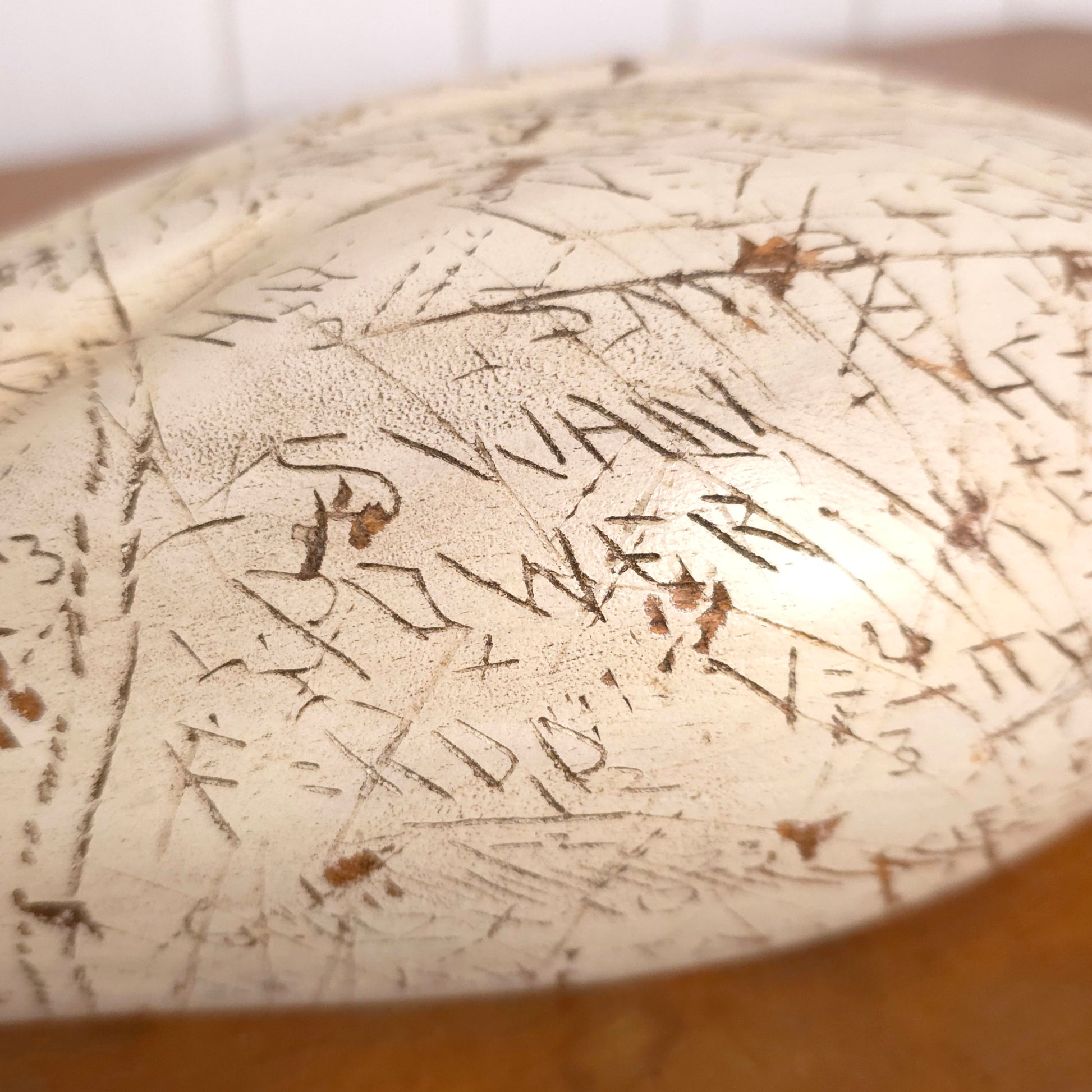 Carving detail of Swan Power Sgraffito Carved Wooden Swan Decoy