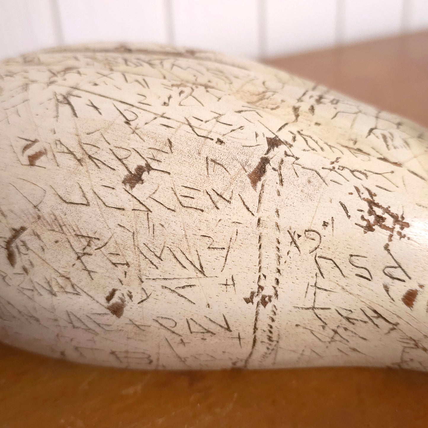 Carving detail of Swan Power Sgraffito Carved Wooden Swan Decoy