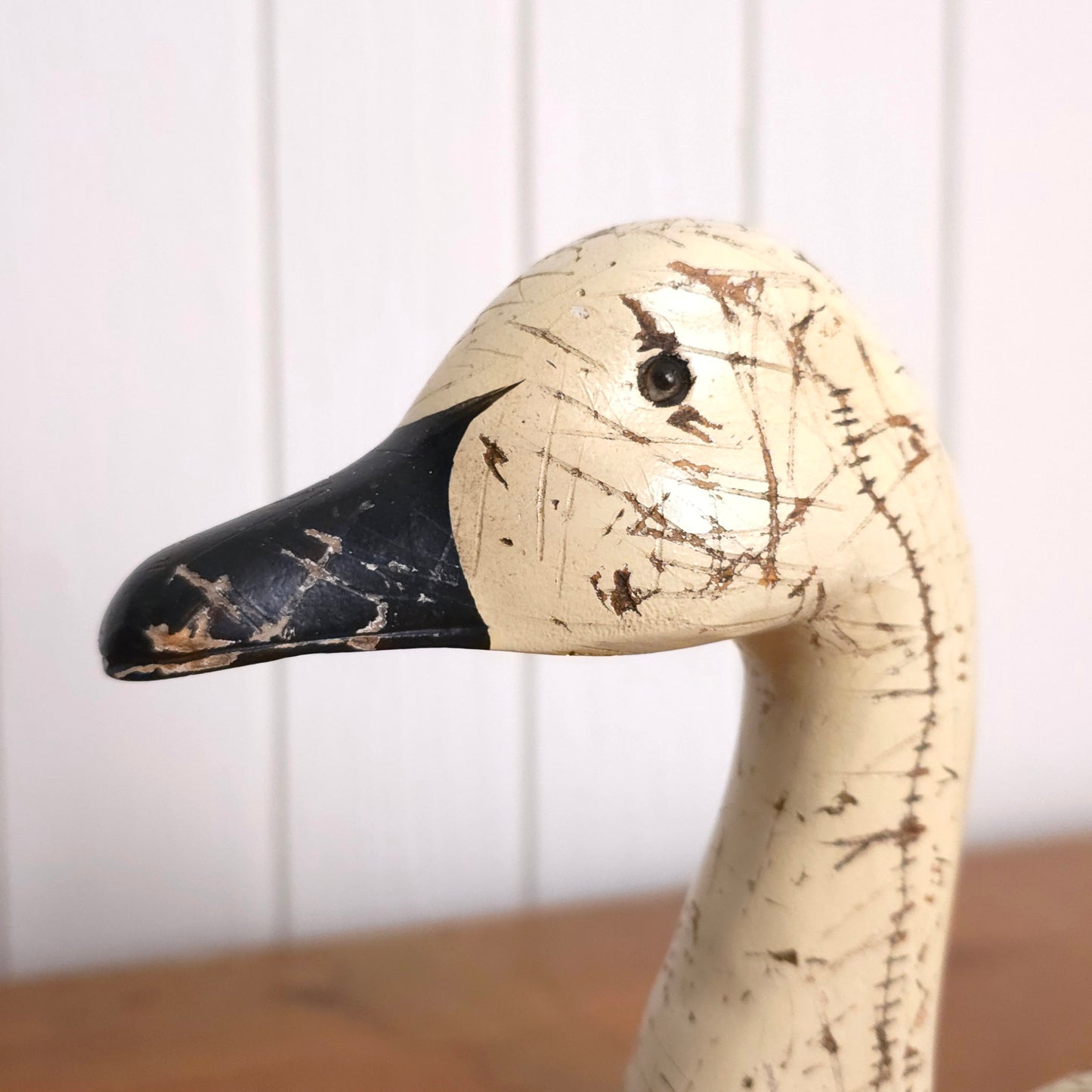 Head detail of Swan Power Sgraffito Carved Wooden Swan Decoy