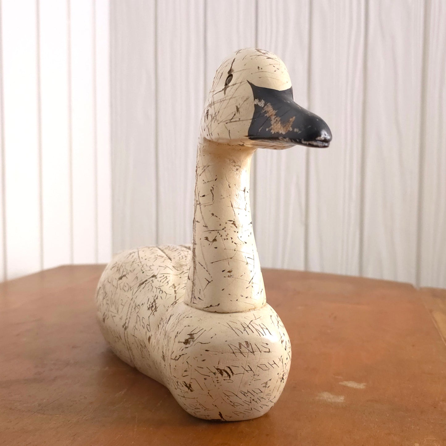 Front view of Swan Power Sgraffito Carved Wooden Swan Decoy