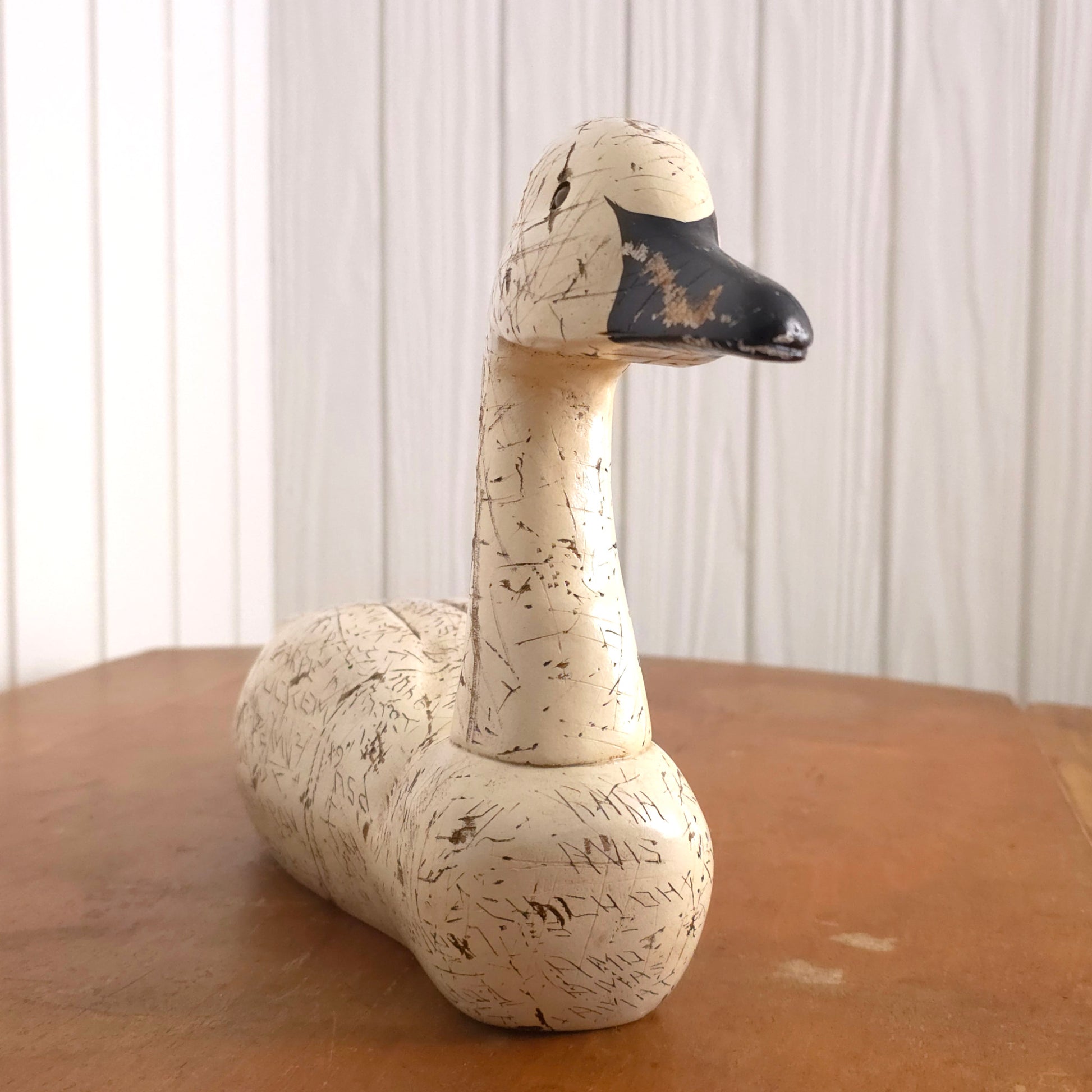 Front view of Swan Power Sgraffito Carved Wooden Swan Decoy