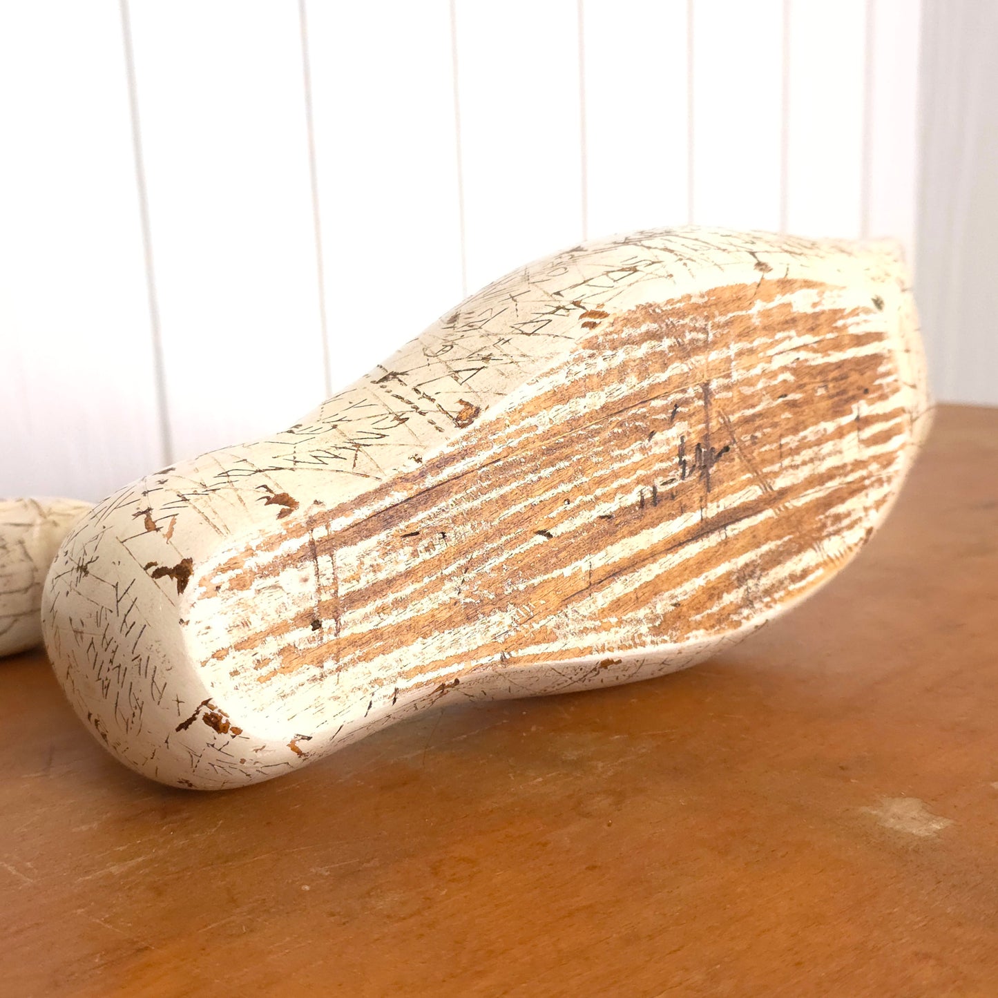 Bottom detail of Swan Power Sgraffito Carved Wooden Swan Decoy