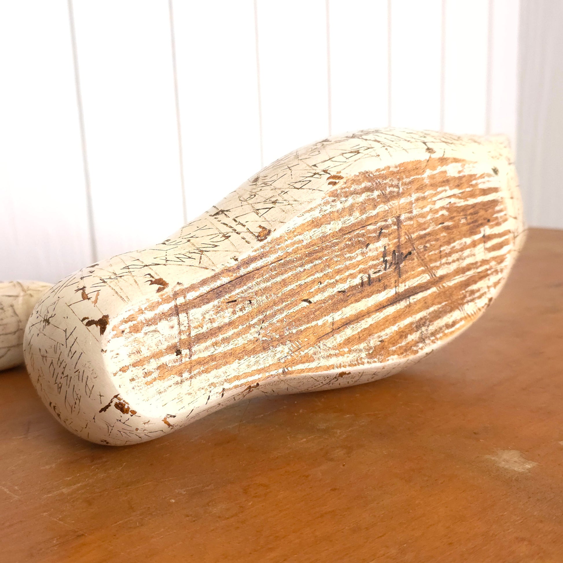 Bottom detail of Swan Power Sgraffito Carved Wooden Swan Decoy