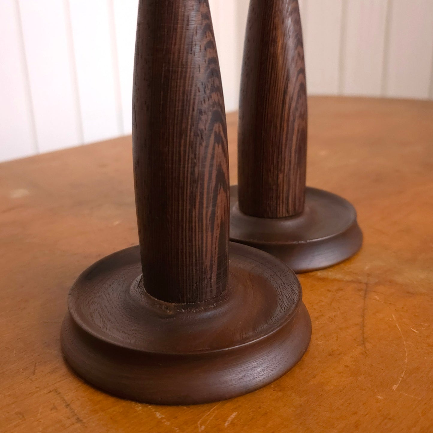 Detail of Danish modern wenge + walnut candle holders