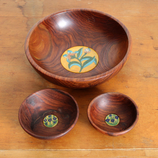 Vintage wooden bowl set with inset floral tiles